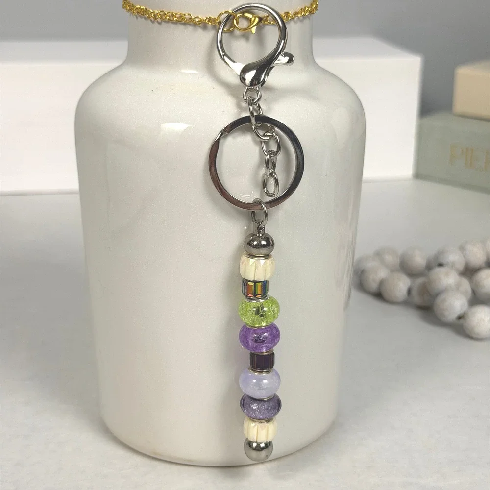 Super Cute AB Crystal, Pale Green Crackle Glass, & Lavender Beaded Key Chain 6